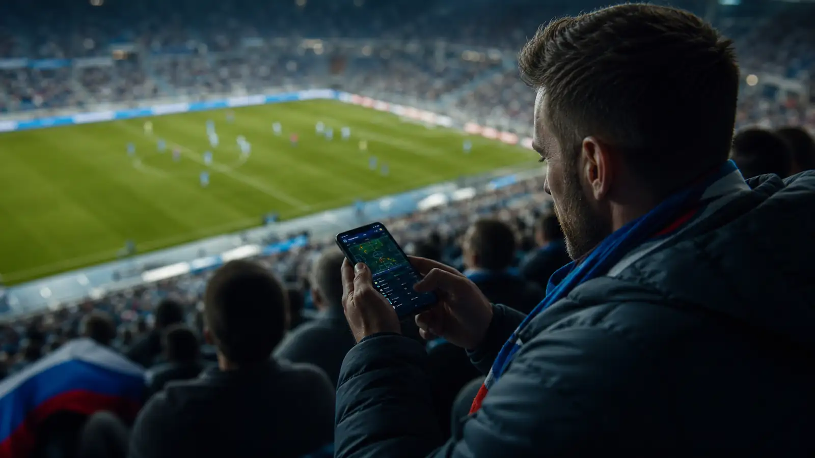 Odrasel navijač spremlja tekmo v živo na telefonu