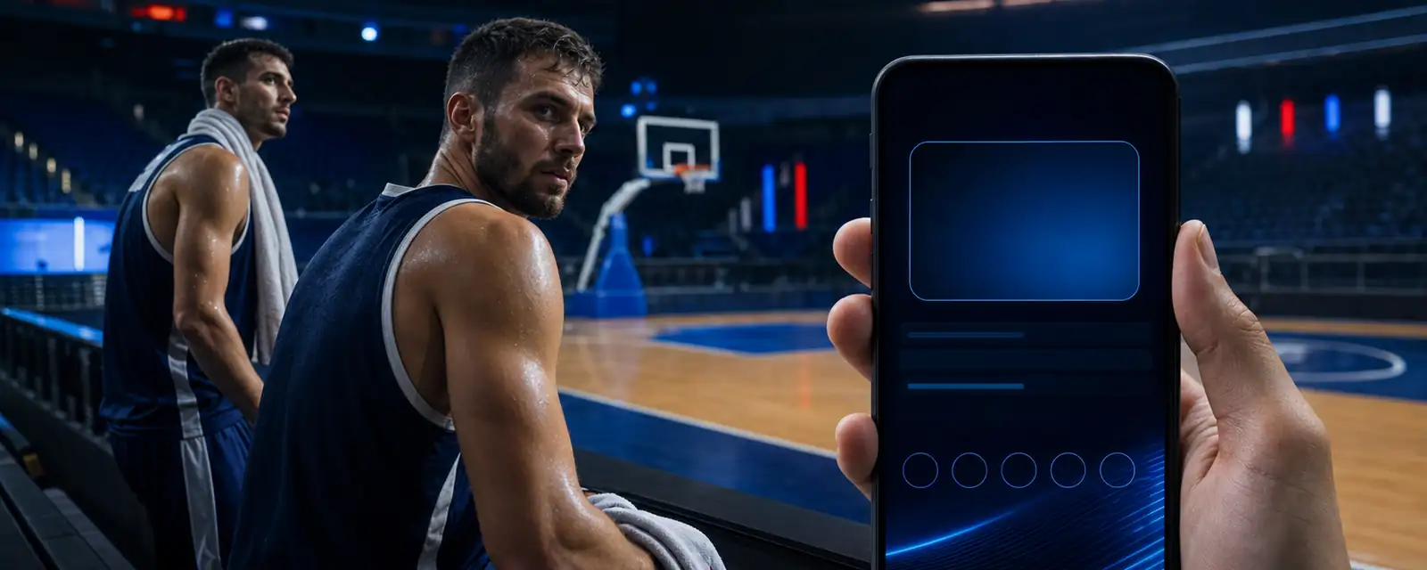 Odrasli košarkarji in pametni telefon ob igrišču